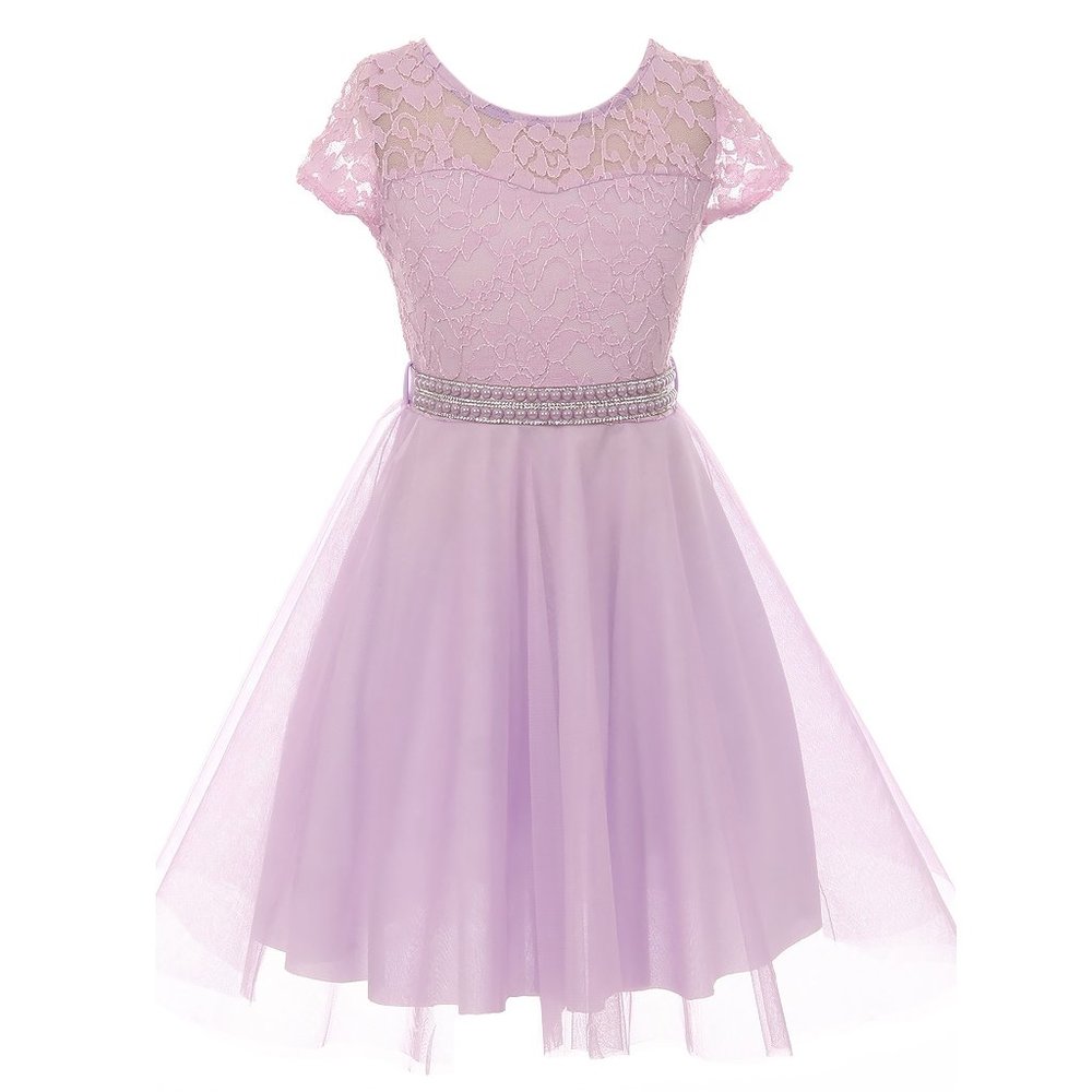 Short Sleeve Floral Lace Tulle Pearl Holiday Party Birthday Flower Girl Dress